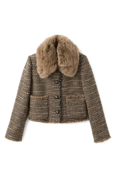 Mango Fringe Tweed Jacket With Faux Fur In Multi