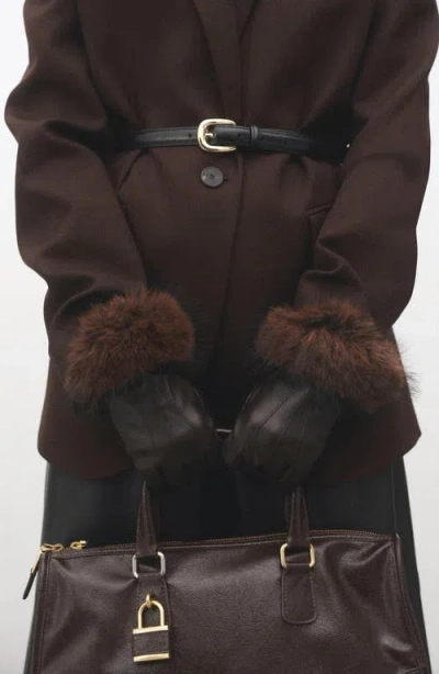 Mango Faux Fur Trim Leather Gloves In Brown