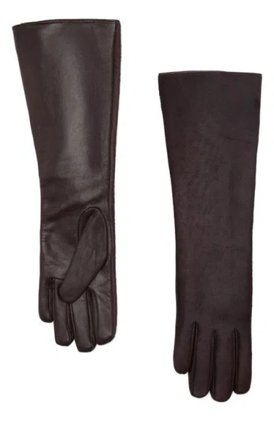 Mango Long Leather Gloves With Faux Fur Trim In Brown