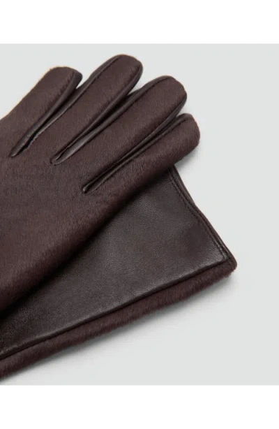 Mango Long Leather Gloves With Faux Fur Trim In Brown