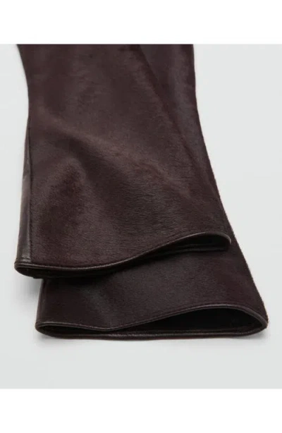 Mango Long Leather Gloves With Faux Fur Trim In Brown