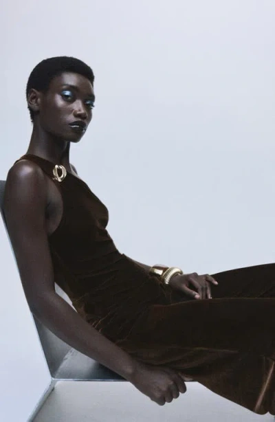 Mango Velvet Jumpsuit With Metallic Detail Brown