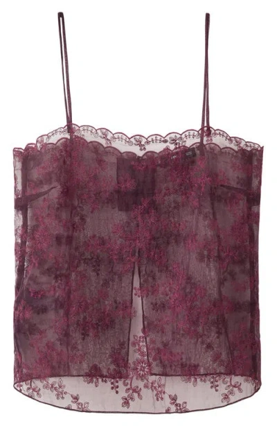 Mango Embroidered Sheer Camisole In Burgundy