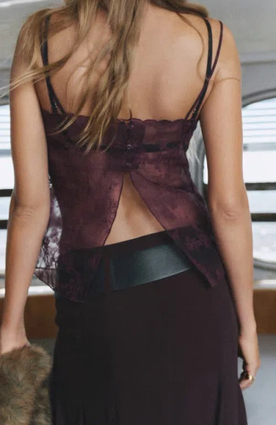Mango Embroidered Sheer Camisole In Burgundy