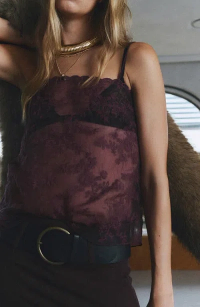 Mango Embroidered Sheer Camisole In Burgundy