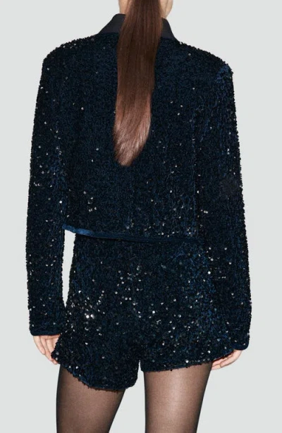 Mango Sequin Velvet Tie Neck Jacket In Blue