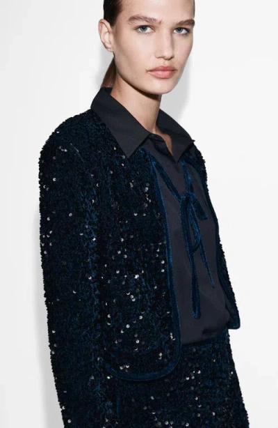 Mango Sequin Velvet Tie Neck Jacket In Blue