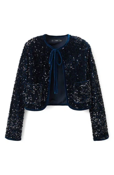 Mango Sequin Velvet Tie Neck Jacket In Blue
