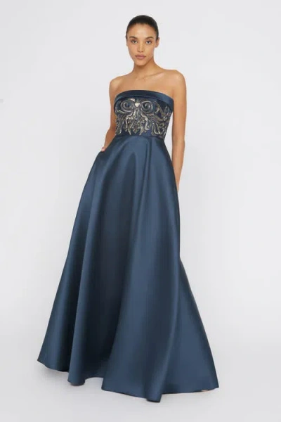Theia Paloma Mikado A-line Gown In Blue
