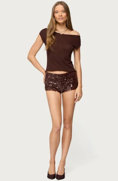 Edikted Holly Glitter Off The Shoulder Top In Brown