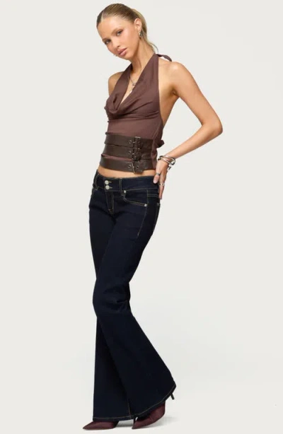 Edikted Buckle Halter Neck Open Back Crop Top In Brown