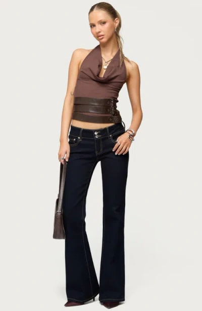 Edikted Buckle Halter Neck Open Back Crop Top In Brown