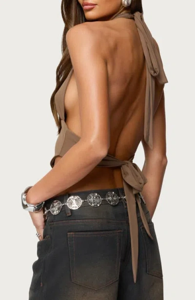 Edikted Open Back Triangle Halter Top In Brown