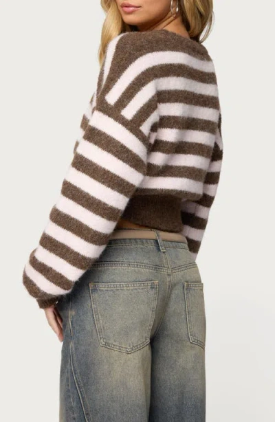 Edikted Penelope Fuzzy Stripe Crop Sweater In Brown
