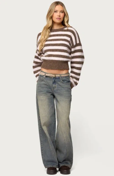 Edikted Penelope Fuzzy Stripe Crop Sweater In Brown