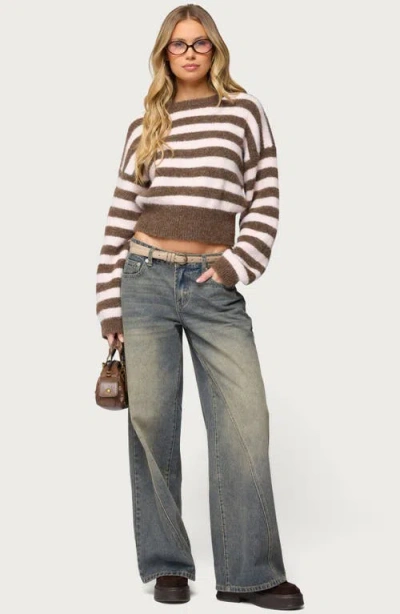 Edikted Penelope Fuzzy Stripe Crop Sweater In Brown