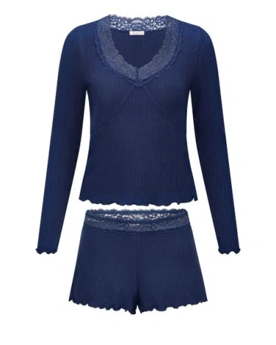 Adore Me Brooks Pajama Long Sleeve Top & Shorts Set In Blue