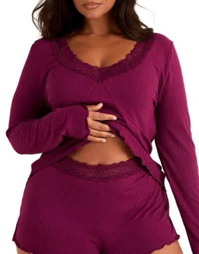 Adore Me Brooks Pajama Long Sleeve Top & Shorts Set In Purple