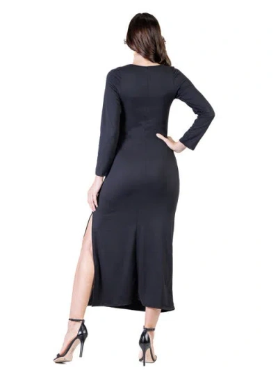 24seven Comfort Apparel Petite Long Sleeve Side Slit Fitted Maxi Dress In Blue