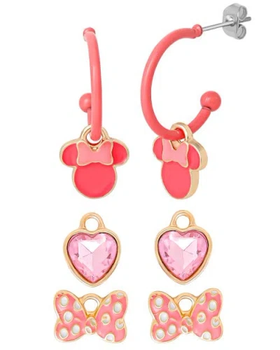 Disney Minnie Mouse Pink Bow Charm Hoop Earring Set, 3 Charms And 1 Hoop In Red
