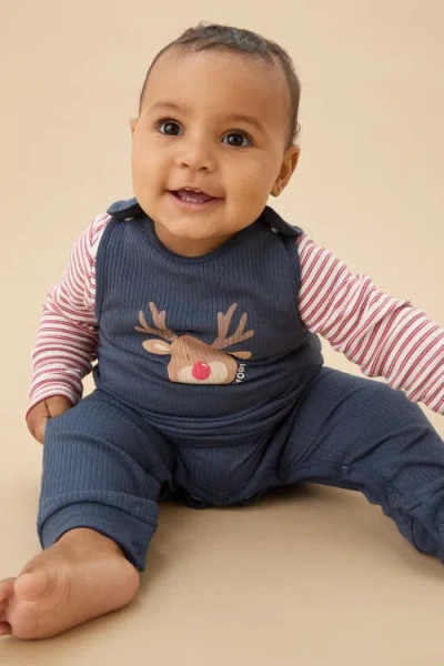 Mori Ribbed Reindeer Romper In Blue