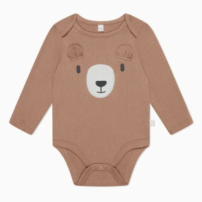 Mori Ribbed Bear Face Long Sleeve Bodysuit In Brown
