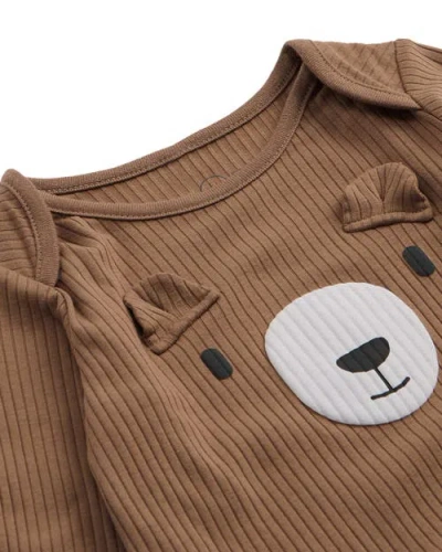 Mori Ribbed Bear Face Long Sleeve Bodysuit In Brown
