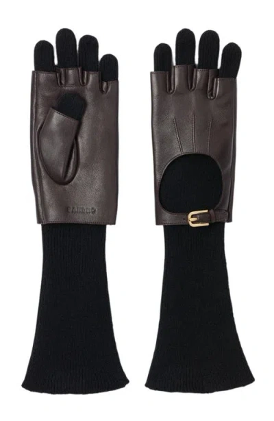 Sandro Long Knit And Leather Gloves In Black