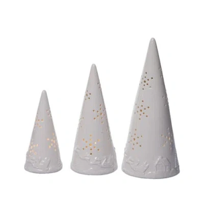 Transpac Holiday Cone Tree Set Of 3 Light Up Decorative Accent White In White