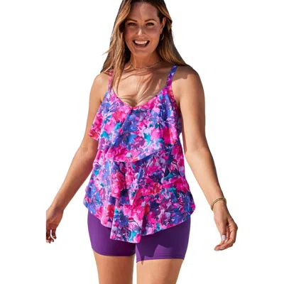 Swim 365 Longer-length Tiered-ruffle Tankini Top In Purple