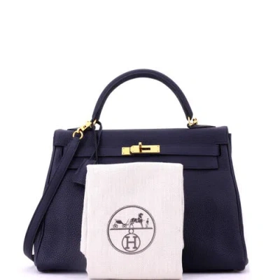 Pre-owned Hermes  Hermes Kelly Handbag Blue Clemence With Gold Hardware 32 In Blue