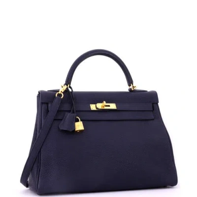 Pre-owned Hermes  Hermes Kelly Handbag Blue Clemence With Gold Hardware 32 In Blue