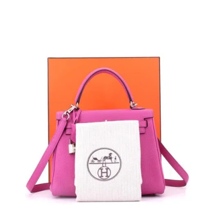 Pre-owned Hermes  Hermes Kelly Handbag Pink Togo With Palladium Hardware 25 In White