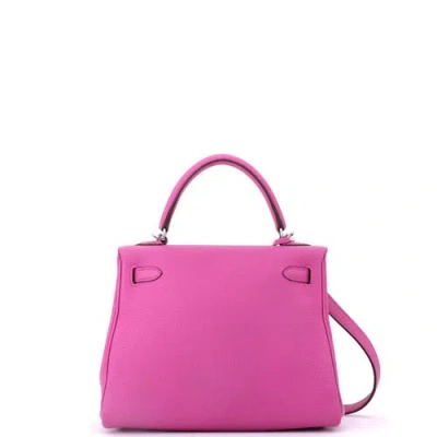 Pre-owned Hermes  Hermes Kelly Handbag Pink Togo With Palladium Hardware 25 In White