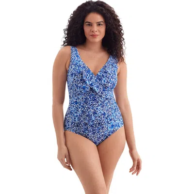 Longitude Ruffle Front Surplice Long Torso One-piece Swimsuit In Blue