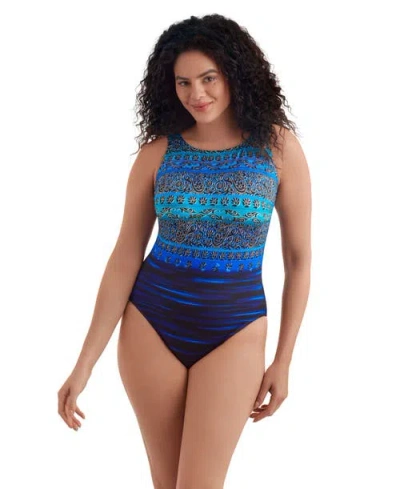 Longitude Scoopback Highneck High Leg Long Torso One-piece Swimsuit In Blue