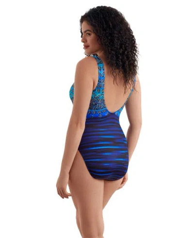 Longitude Scoopback Highneck High Leg Long Torso One-piece Swimsuit In Blue