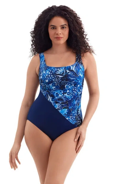 Longitude Side Shirred Tank Long Torso One-piece Swimsuit In Blue