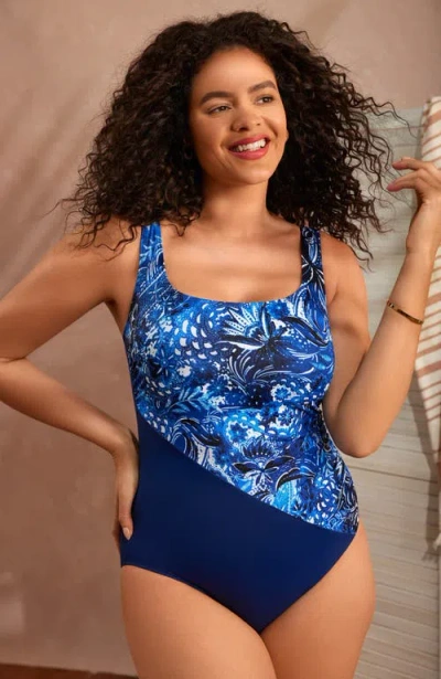 Longitude Side Shirred Tank Long Torso One-piece Swimsuit In Blue