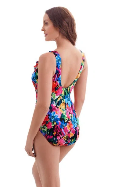 Longitude Ruffle Front Surplice Long Torso One-piece Swimsuit In Multi