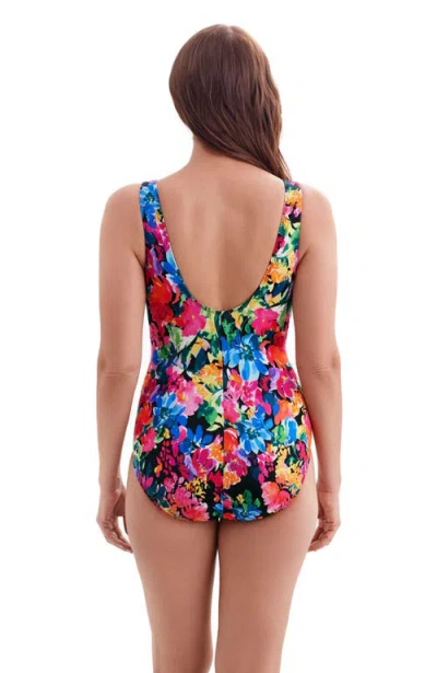 Longitude Ruffle Front Surplice Long Torso One-piece Swimsuit In Multi
