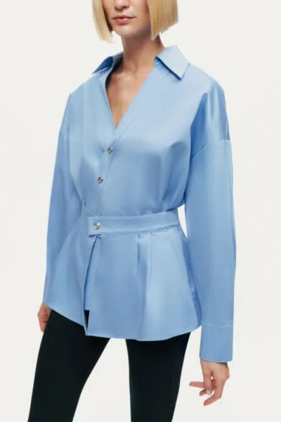 Nocturne Belted V-neck Poplin Shirt In Blue