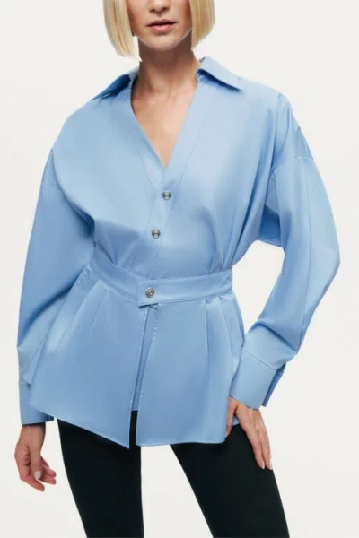 Nocturne Belted V-neck Poplin Shirt In Blue