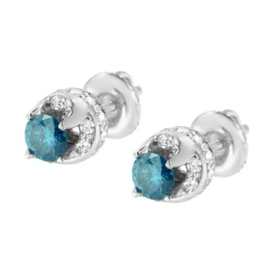 Haus Of Brilliance 14k White Gold 1.00 Cttw Treated Blue And White Diamond Hidden Halo Stud Earrings