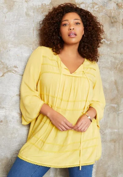 June + Vie Acid Wash Peasant Blouse In Animal Print