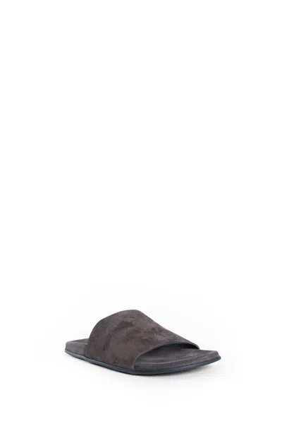 The Row Hugh Slides In Suede In Brown