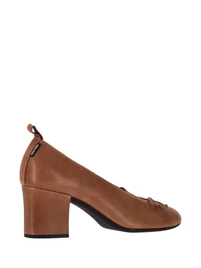 Miu Miu Nappa Pumps Block Heel Bow Detail Pull Tab In Brown