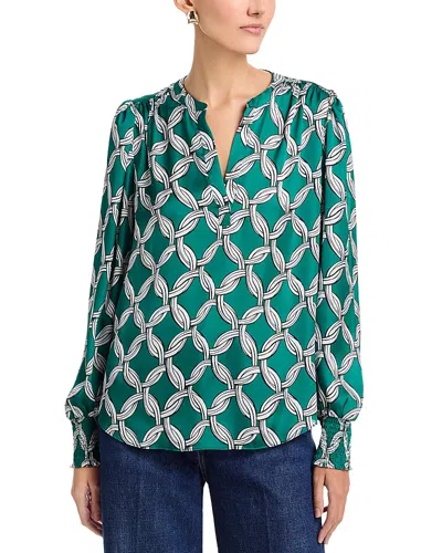 T Tahari Long Sleeved Split Neck Blouse With Smocked Cuffs In Multi