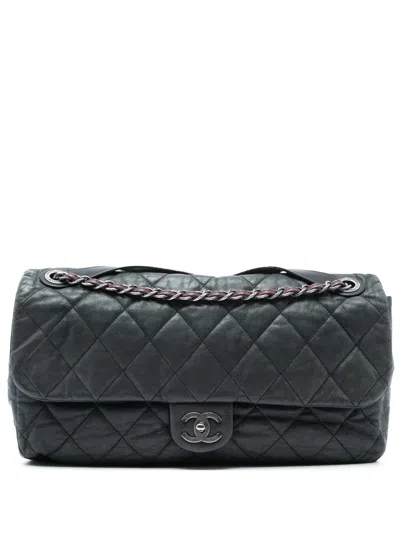 Pre-owned Chanel 2009-2010 Jumbo Iridescent Calfskin In The Mix Flap Satchel In Green