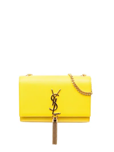 Pre-owned Saint Laurent 2018 Small Grain De Poudre Monogram Kate Tassel Crossbody Bag In Yellow